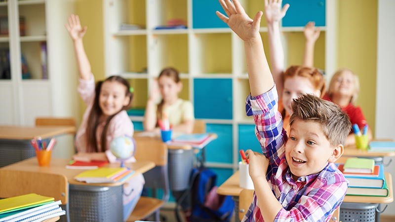 Boy raising hand at school with his classmates behind